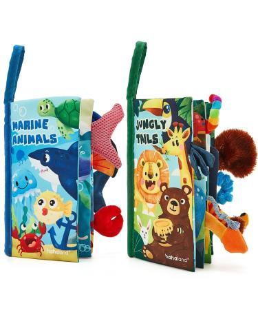 Hahaland baby book baby fabric book - 2 pieces book toys 0 months - 3d picture book feel book crackling from 0 3 6 months quiet book gift for young girls forests & marine