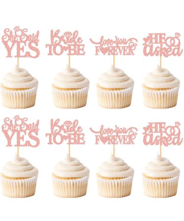 Cyodoos 24 Pcs He Asked She Said Yes Cupcake Toppers Cake Picks for Wedding Engagement Party Cake Picks for Wedding Bridal Shower Party Cake Decorations Rose Gold Rose Gold3