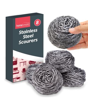 8pk Stainless Steel Scourer | Metal Scourer for Heavy Duty Cleaning | 6cm x 6cm | Thick & Strong Wire Scourer | Wire Wool Cleaning Pads | Tough Re-Usable Scourers