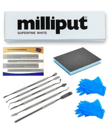 Milliput Plumbers Putty 10 Piece Set, Superfine White - with Sculpting Tools, Sanding Pad and Gloves - Ceramic Tile, Fiberglass Tub, Bath, Sink and Porcelain Repair Kit - 2 Part Epoxy Modeling Clay