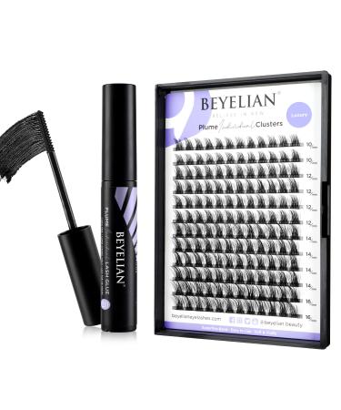 BEYELIAN 144 Pcs Lash Clusters ans Glue Kit 10-16mm DIY Eyelash Extension Natural Look Reusable Black Super Thin Band Super Strong Hold Latex Free Eyelash Adhesive