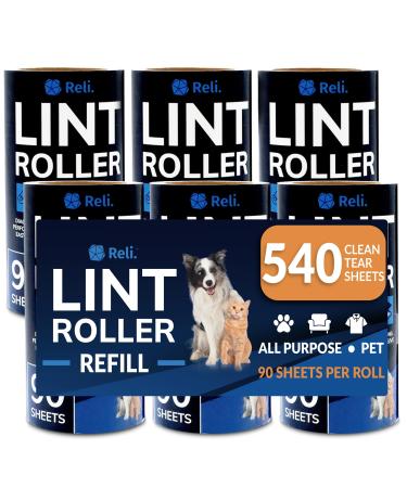 Reli. Lint Rollers for Pet Hair Extra Sticky 540 Sheets Total Refills | Dog & Cat Hair Remover | 6 Refill Rolls 90 Sheets Per Roll | Lint Remover for Clothes Couch | Easy Peel Sheets