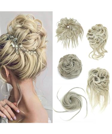 Fulang Hair 5/Pack hair part with rubber band large bun hair part wavy of course artificial hair hair tie women with hair updos hair extension messy bun hair parts (18t/613#)
