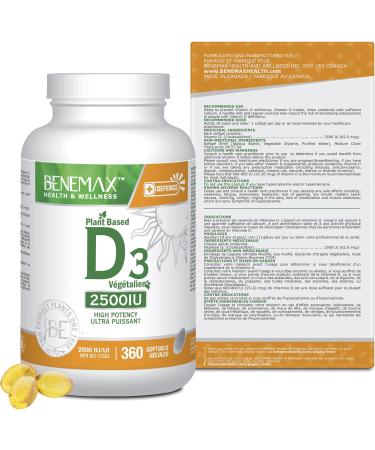 Benemax Vitamin D3 2500 IU For Healthy Bones Teeth and Helps Prevent Vitamin D Deficiency Plant Based & Vegan 360 Day Supply - Buy Online on SooperMarket.com