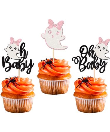 24 Pack Oh Baby Halloween Cupcake Toppers Glitter Ghost Cupcake Picks for Baby Shower Birthday Happy Halloween Theme Party Cupcake Decoration Supplies 3