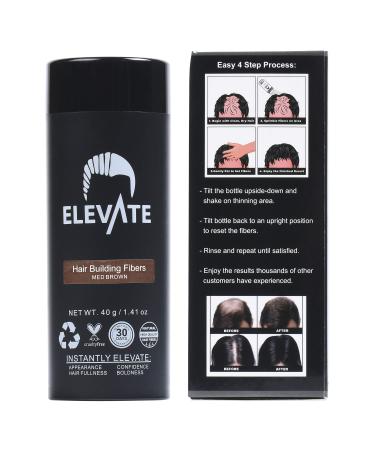 ELEVATE Hair Fibers for Thinning Hair (MEDIUM BROWN) - GIANT 40g Bottle - 100% Natural Undetectable Keratin Fibers to Instantly Completely Conceal Thinning Balding Hair Loss in 30 Sec for Men & Women
