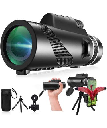 80x100 Monocular-Telescope High Powered Monocular for Adults Monocular for Smartphone Adapter Monocular Telescope Hunting Wildlife Bird Watching Travel Camping Hiking black