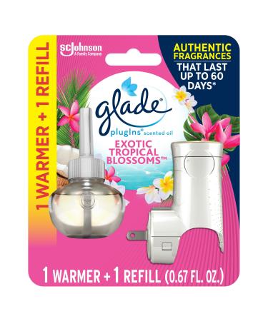 Glade PlugIns Refills Air Freshener Starter Kit Scented and Essential Oils for Home and Bathroom Exotic Tropical Blossoms 0.67 Fl Oz 1 Warmer + 1 Refill