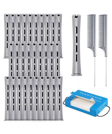 Elcoho 48 Pieces Gray Hair Perm Rods, 3.3 x 0.6 Inch Curler Perm Rods Cold Wave Perming Rods with 2 Steel Pintail Comb and 300 Pieces Perm Paper, for Hairdressing Styling 3.3x0.6 Inch (Pack of 48) Gray