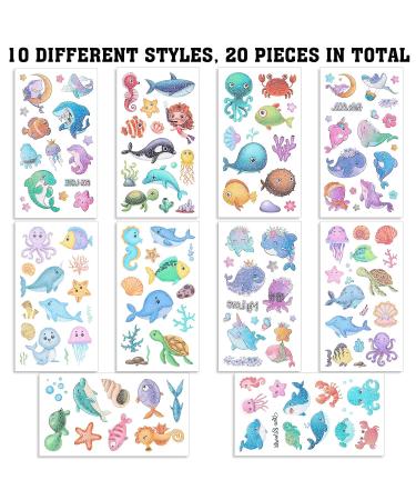 Sea Animals Temporary Glitter Tattoos - 20 Sheets for Kids Party Favors | Dolphin, Shark, Octopus, Fish Stickers - Buy Online on SooperMarket.com