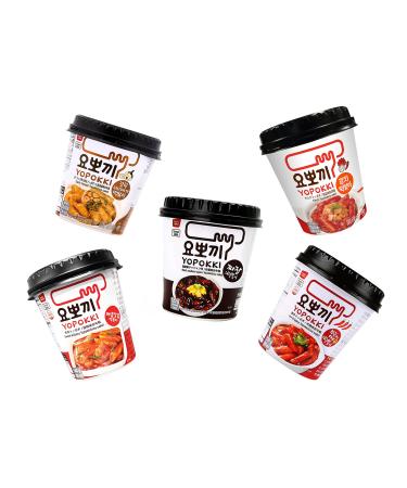 Yopokki 5 Pack Mix rice cake in the cup - Korean Instant Rice Cake Cups - Top 5 Korean rice cake - Spicy & sweet & beans & garlic & kimchi - OG Asia - 635 G