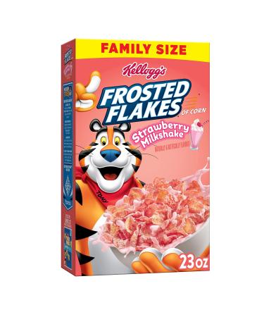 Kellogg's Frosted Flakes Cold Breakfast Cereal, 8 Vitamins and Minerals, Kids Snacks, Family Size, Strawberry Milkshake, 23oz Box (1 Box)