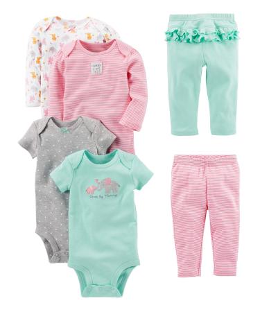 Simple Joys by Carter's Baby Girls' Pants Set 18 Months Aqua Green Elephant/Grey Dots/Pink Stripes/White Forest Animals