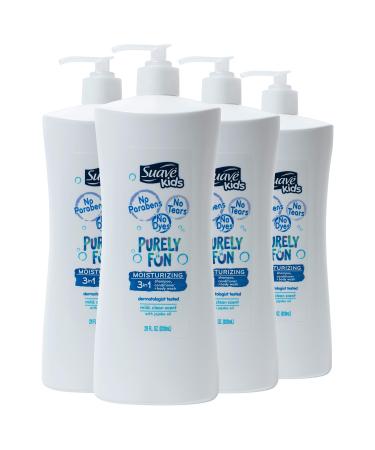 Suave Kids 3-in-1 Shampoo Conditioner Body Wash Makes Bath Time Quick and Easy, Purely Fun Paraben Free and Dermatologist Tested Kids Shampoo 3 in 1 Formula, 28 Fl Oz (Pack of 4) Purely Fun 28 Fl Oz (Pack of 4)