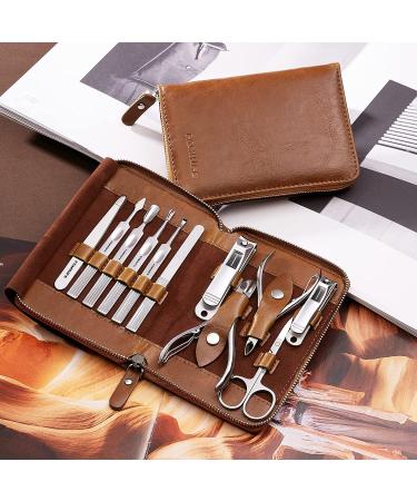FAMILIFE Professional 11-in-1 Manicure Set with Brown Leather Travel Case - Stainless Steel Nail Clippers & Pedicure Tools Kit for Men - Luxury Grooming Gift - Buy Online on SooperMarket.com