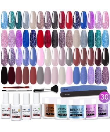 REDNEE 39pcs Solid Dipping Powder System, with Essential Liquids Accessory Tools Dip Powder Nail Kit Starter Easy Application for Nail Art Manicure Salon Home DIY Gift Set RE18 Party Queen Collection