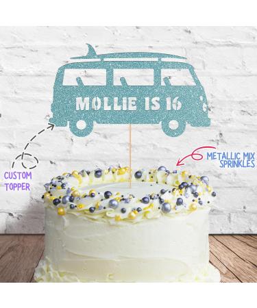 Cakeshop Cake Decoration Pack | Surfing Campervan Theme Premium Double Sided Glitter Card Cake Topper & 25g Party Pack of Cake Sugar Sprinkles | Custom Name & Age Cake Decoration (Baby Blue) Non-Prime Glitter Card: Baby Blue - Buy Online on SooperMarket.com