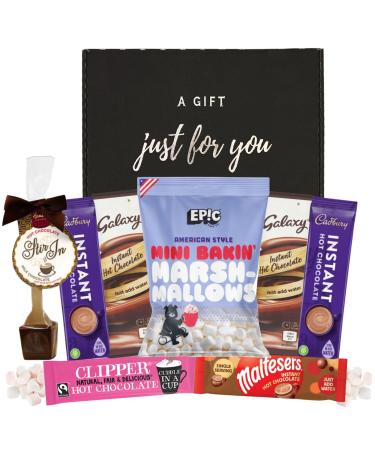 Hot Chocolate Gift Set - Cadbury Hot Chocolate x2 Galaxy Hot Chocolate x2 Clipper Hot Chocolate x1 Maltesers Hot Chocolate x1 Bundle With Mini Marshmallows 150g and Hot Chocolate Spoon
