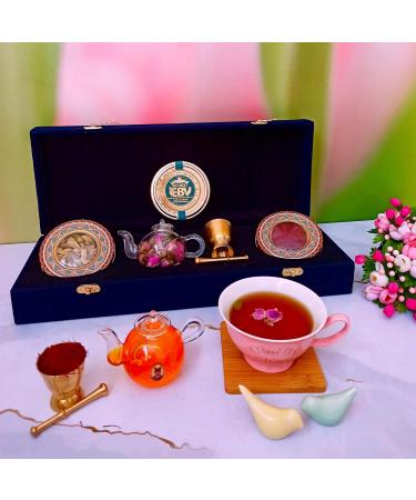 Luxurious Saffron Gift Box for Chefs: 9 Gr Grade A+ Organic Super Negin Coupe Saffron Threads Green Cardamom Rose Bud Tea Dried Saffron Teapot Small Brass Mortar and Pestle (Navy Velvet Box) - Buy Online on SooperMarket.com