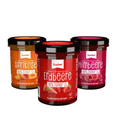 Xucker jam fruit spread combi 3 types of strawberry apricot & raspberry (74% fruit) 3 x 220 g - xylitol without genetic engineering vegan sugar arm