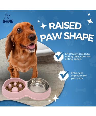 Fur & Bone Double Slow Feeder Dog Bowl | Raised Non-Slip Cat Food & Water Bowl | Stainless Steel, Pink - Buy Online on SooperMarket.com