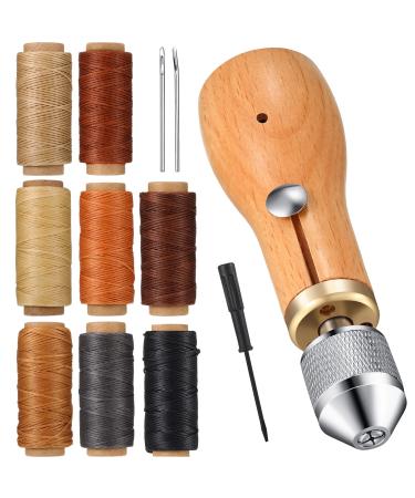 WILLBOND 12 Pcs Sewing Awl Kit Portable Leather Sewing Awl Kit Including Handheld Sewing Repair Awl Straight and Bent Needles and 8 Rolls Waxed Threads with Small Screwdriver for DIY Craft