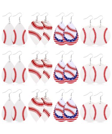 12 Pairs Leather Baseball Earrings for Women Girls Baseball Team Christmas Gifts Faux Leather Earrings Glittering Sequin Cheerleaders Sport Earrings for Christmas Baseball Birthday Party Favor