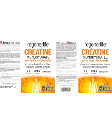 Natural Factors Regenerlife Creatine Monohydrate 100% Pure Micronized 5g per serving 300g Unflavoured Increases Body Muscle Mass Improves Strength and Power Easy to mix Highly Absorbable Vegan - Buy Online on SooperMarket.com