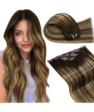 LAAVOO REAL HAIR CLIPS Extensions Balayage Brown 40cm full of head hair extreme real hair clips 105g 7pcs double weft clip in ombre real hair extensions brown balayage caramel blonde #4/27/4 40cm-105g 3.1 #4/27/4