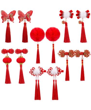 6 Pairs Baby Girls Chinese Style Hair Clips New Year Hairy Furry Balls Barrettes Tassels Qipao Hair Pins with Bows Lantern Butterfly Decor for Christmas Spring Festival  Red