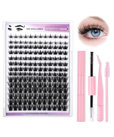 Self Adhesive Lashes Fluffy Cluster Lashes Extension Kit Reusable Self Adhesive D Curl individual Eyelash DIY Lash Extension Kit with Lash Bond and Seal Lash Applicator and Lash Tweezers