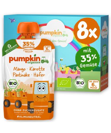 Pumpkin Organics Bio Vegetable Cereal Quets 8 Pack Mango Carrot Pastinake oats without added sugar - baby food for babies from the 6th month - vegetarian (8x100g)