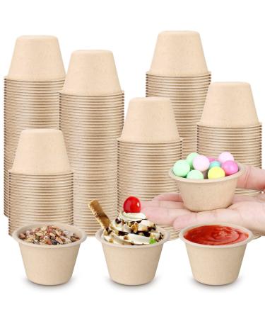 Romooa 300 Pieces Bagasse Fiber Souffle Cups Mini Paper Disposable Condiment Food Sample Small Sauce Container Portion Bowls Dipping for Snack Dessert Storage (2 oz), Beige