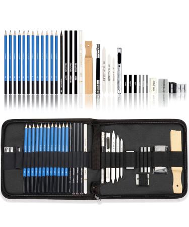 KALOUR 33 Pieces Pro Drawing Kit Sketching Pencils Set,Portable Zippered Travel Case-Charcoal Pencils, Sketch Pencils, Charcoal Stick,Sharpener,Eraser.Art Supplies for Artists Beginner Adults Teens