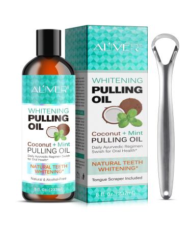 Pulling Oil with Coconut & Peppermint Oil-Mouthwash for Oral Care-Teeth Whitening and Fresh Breath Organic Essential Oils Mouthwash With Tongue Scraper Alcohol-Free Treatment for Gums-8 Fl.Oz 2 Piece Set
