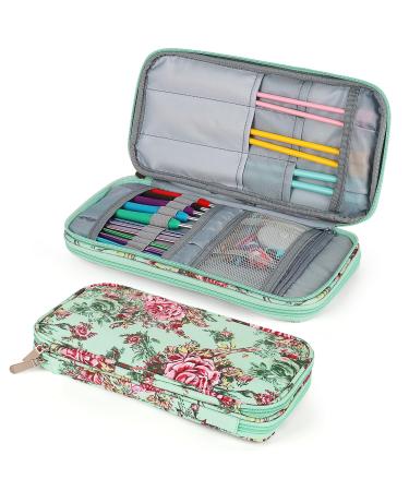 Katech Knitting Needles Case Empty Zipper Bags Organizer Portable Travel Crochet Hooks Storage Bag with Web Pocket and Holder Slots for Carrying Various Crochet Needles and Knitting Accessories Green