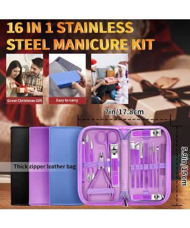 Manicure Pedicure Set - 16 Pcs Nail Clipper Set Professional Nail Grooming Tools Manicure Pedicure Kit Nail Care Kit Idea for Men Women with Travel Case Purple - Buy Online on SooperMarket.com