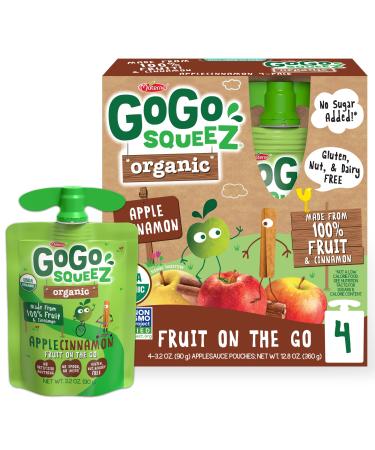 GoGo squeeZ Organic Fruit on the Go, Apple Cinnamon, 3.2 oz. (4 Pouches) - Tasty Kids Applesauce Snacks Made from Organic Apples & Cinnamon - Gluten Free Snacks - Nut & Dairy Free - Vegan Snacks Apple Cinnamon 3.2 Ounce (Pack of 4)