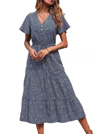 BOXIACEY Spring Dress for Women - V Neck Short Sleeve Maxi Dress with Belted Ruffle Hem | Small Dark Blue - Buy Online on SooperMarket.com