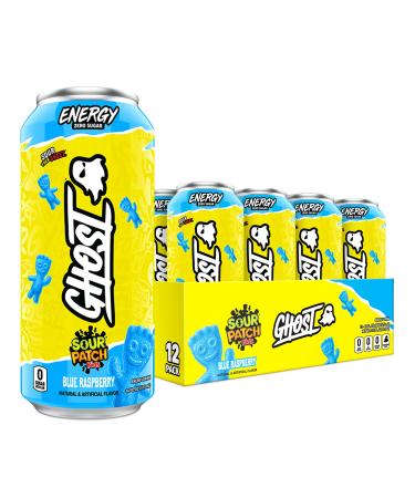 GHOST ENERGY Sugar-Free Energy Drink - 12-Pack, SOUR PATCH KIDS Blue Raspberry, 16oz - Energy & Focus & No Artificial Colors - 200mg Natural Caffeine, L-Carnitine & Taurine - Soy & Gluten-Free, Vegan