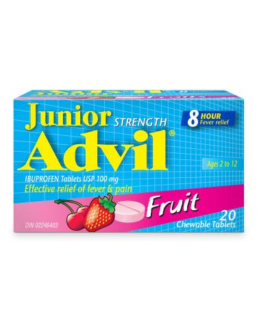 Junior Strength Advil (20 Count Fruit Flavour) Ibuprofen Chewable Tablets fever reducer/pain reliever Fruit (Fever & Pain) 20 Count (Pack of 1)