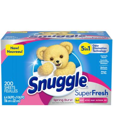 Snuggle Plus SuperFresh Fabric Softener Dryer Sheets with Static Control and Odor Eliminating Technology, Burst, White, 200 Count, Spring