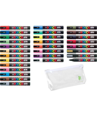 Uni POSCA Paint Marker Pen - Medium Point - Non Alcohol - Odorless Water Resistant Maker - Set of 29 (PC-5M15C & PC-5M7C & 5 Dark Colors & Gold & Silver) with Original Vinyl case 29 Colors 1 Count (Pack of 29)