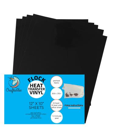 Craftables Black Flocked HTV Craft Vinyl - Flock Heat Transfer Vinyl for Cricut and Silhouette Cameo - 12 x 9.8 - (5) Sheets 5 Black