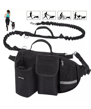Hands Free Dog Running Lead with Wide Back Support Belt Adjustable Waistband Multiple Compartments Dual Handles and Bungee Leads with Reflective Stitching (Black)