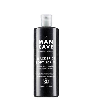 ManCave Blackspice Body Scrub 500ml for Men Warm & Woody Aroma Exfoliate & Cleanse Skin with Pumice and Charcoal Powder Scrub Natural Formulation Vegan Friendly Made in England