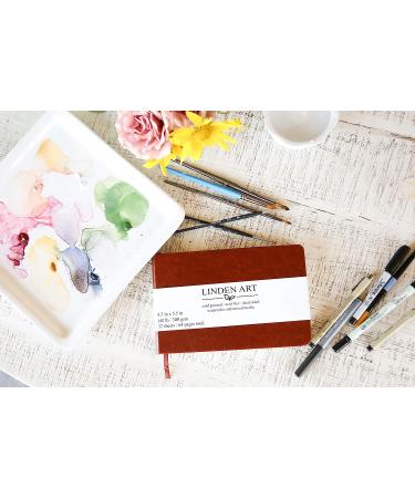 Linden Art Watercolor Journal - 140lb (300 GSM), 64 Cold Pressed Pages, 8.5x5.5 inches - Watercolor/Mixed Media Travel Journal with Brown PU Leather Cover - Buy Online on SooperMarket.com