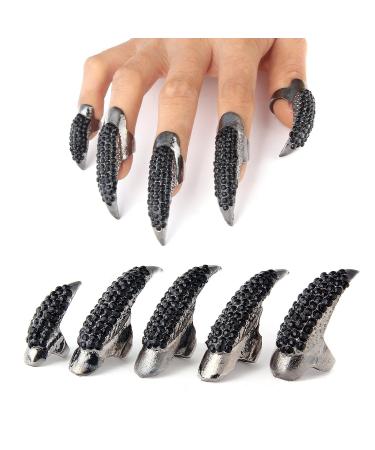 10 PCS Halloween Costume Claws Fake Nails Ring Set  Bestga  Gothic Punk 3 Sizes Crystal Full Finger Rings Paved Paw Bend Fingertip Fingernail Claw Girls Women Men Ring False Easy Long Nails Black