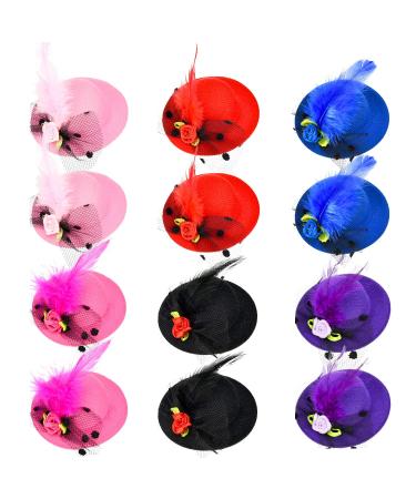 12 Pieces Mini Hat Clips Tea Party Hats for Girls Fascinator Mini Hat Hair Clips with Ribbon Flowers Faux Feather Mesh Bow Barrette Hairpin for Girls Toddler Costume Accessory