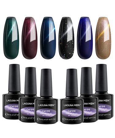 Lagunamoon Gel Nail Polish 6 Colors Cat Eyes Glitter Black Gel Nail Polish Set Soak Off Long Lasting UV LED Light Nail Gel Polish Kit Salon Quality Gift Set for Nail Art Design DIY Manicure 8ml